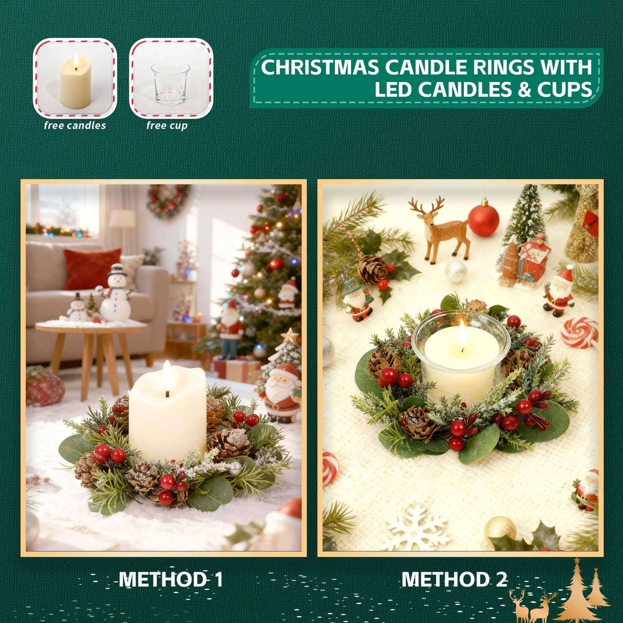 6pcs Candle Rings Artificial Candle Ring Wreaths with Flameless Candles Battery Operated LED Pillar Candleholders for Christmas Wedding Party Table Centerpiece