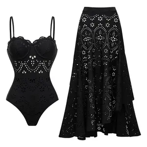 FLAXMAKER Women's Black Laser Cut Push Up One Piece Swimsuit and Matching Skirt Beachwear Swimdress Bathing Suit Set #TikTokShopBlackFriday