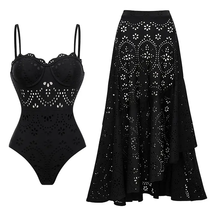 FLAXMAKER Women's Black Laser Cut Push Up One Piece Swimsuit and Matching Maxi Skirt Beachwear Swimdress Bathing Suit Set#Summervibes #SwimWeek tiktokshopbacktoschool