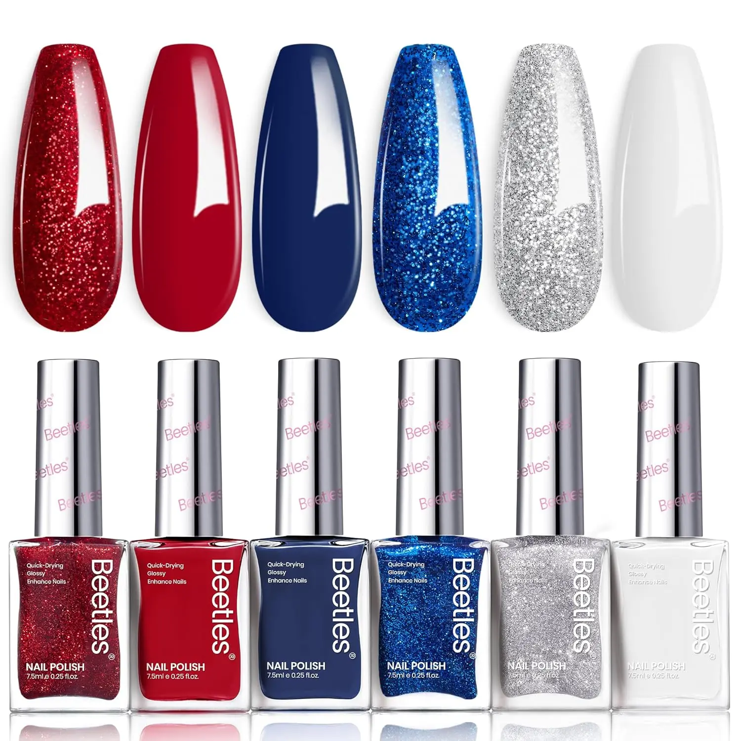 Beetles 4th of July Nail Polish - Starlight Stripes with Star Sticker, 6Colors Red White and Blue Nail Polish Set Sparkle Glitter Fingernail, Quick Dry Long Lasting DIY Red White and Blue Nails Art Independence Day Nails