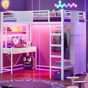 ADORNEVE Twin Size Loft Bed with Desk, 11 Storage Drawers & RGB LED Lights, Metal Loft Bed with Power Outlet, Shelves & Clothing Rack, 13.4" H Safety Guard & Paded Ladder