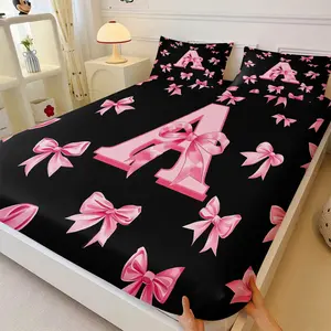 Base Bow Letter A-M Fitted Sheet Set, Includes 1 Mattress Cover and 2 Pillowcases, Non-Slip Full Coverage Bedspre, Soft Breathable Bedroom Protector