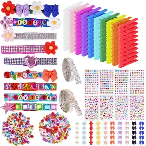Aphlos 100PCS DIY Cheer Pin Decoration Kit with Wooden Clips, Mini Bows, Flowers, Glitter Ribbons, Rhinestone Stickers, Alphabet & Number Buttons, Cheerleading Craft Supplies for School Projects