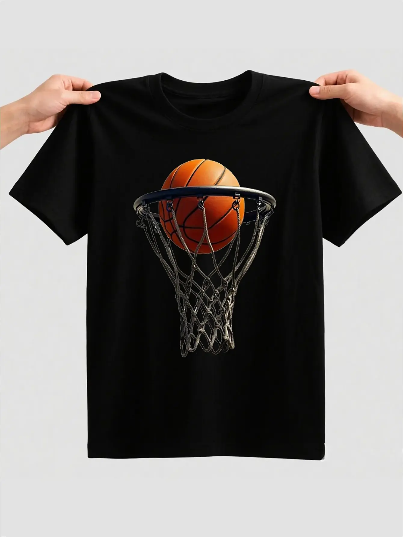 Crew-Neck T-Shirt Featuring a Graphic of a Basketb