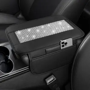 NBTEPEM Bling Car Armrest Cover, Universal Microfiber Leather Center Console Cover with 2 Pockets, Rhinestone Car Armrest Cushion Protector, Bling Accessories Interior