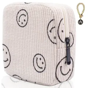 Sanitary Napkin Storage Bag,Preppy Corduroy Period Bag for Women, Cute Smiley Face,Portable Period Pouch with Zipper