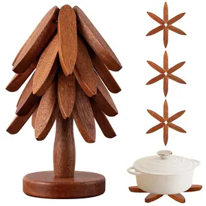 Heat-Resistant Wooden Tree-Shaped Mat Set with Stand, Ideal Kitchen Accessory for Cup Mats and Hot Dishes, Perfect Holiday Decoration, Kitchen Coasters