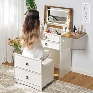 [Brandday][Memorialday] AMERLIFE 3-in-1 Makeup Vanity with Sliding Stool, Fold-up Panel, Divided Storage & Power Port, Farmhouse Makeup Table with Adjustable LED Light, for Small Space/Best Gift Ideas/Christmas Gifts