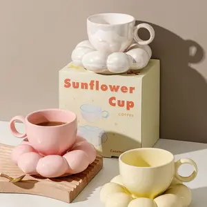Ceramic Cloud Cup with Sunflower Coaster, Coffee Cup, 6.5oz/200ml, Suitable for Office and Home, Holiday Gift, Milk Drinkware, White Tumblers Mug.