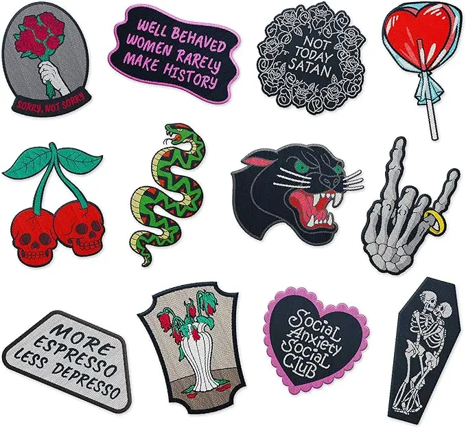Iron On Patches for Clothing | Set of 12 Cool Punk Patches for Jeans, Jackets and Clothes | Trendy Hippie Embroidery Sew On Spooky Iron On Patches Teen Girl (Set 6)