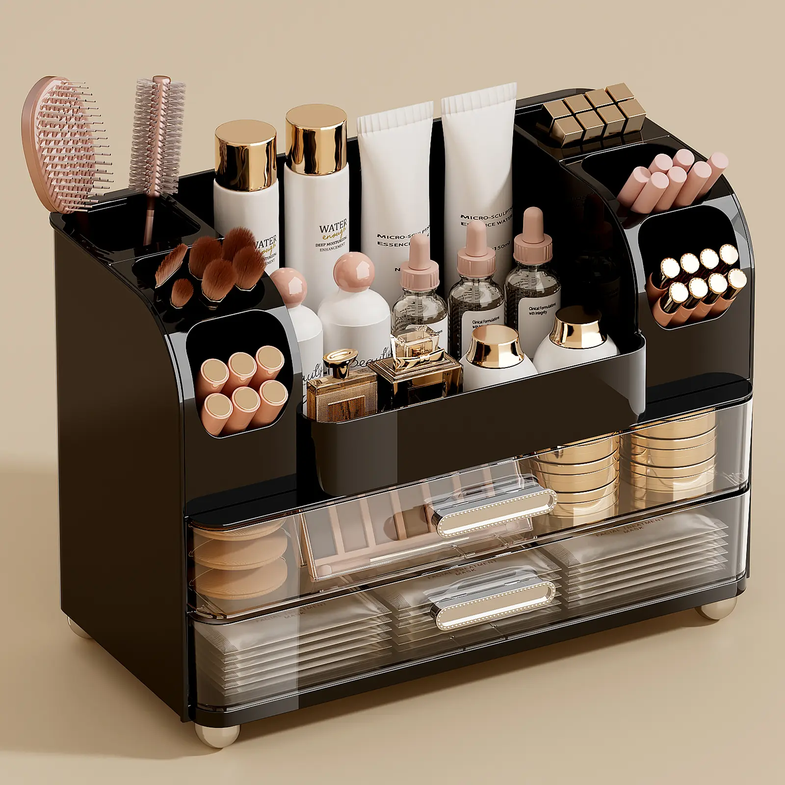 Makeup Organizer for Vanity with 2 Large Drawers, Cosmetic Display Case with Brush Holders, Easy to Storage for Bathroom Countertop Skincare, Desk Office Supplies,dorm essentials,home decor