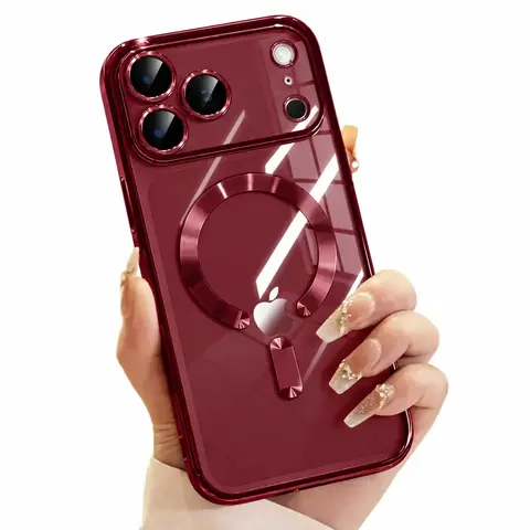Durable Shockproof Crystal Magnetic MagSafe-Compatible Cellphone Case for iPhone 18/17/16/15/14/13 Pro Max - Automatic Wireless-Ready, Never-Yellowing Plated Soft Cover with Camera Lens Protection for Women, Burgundy