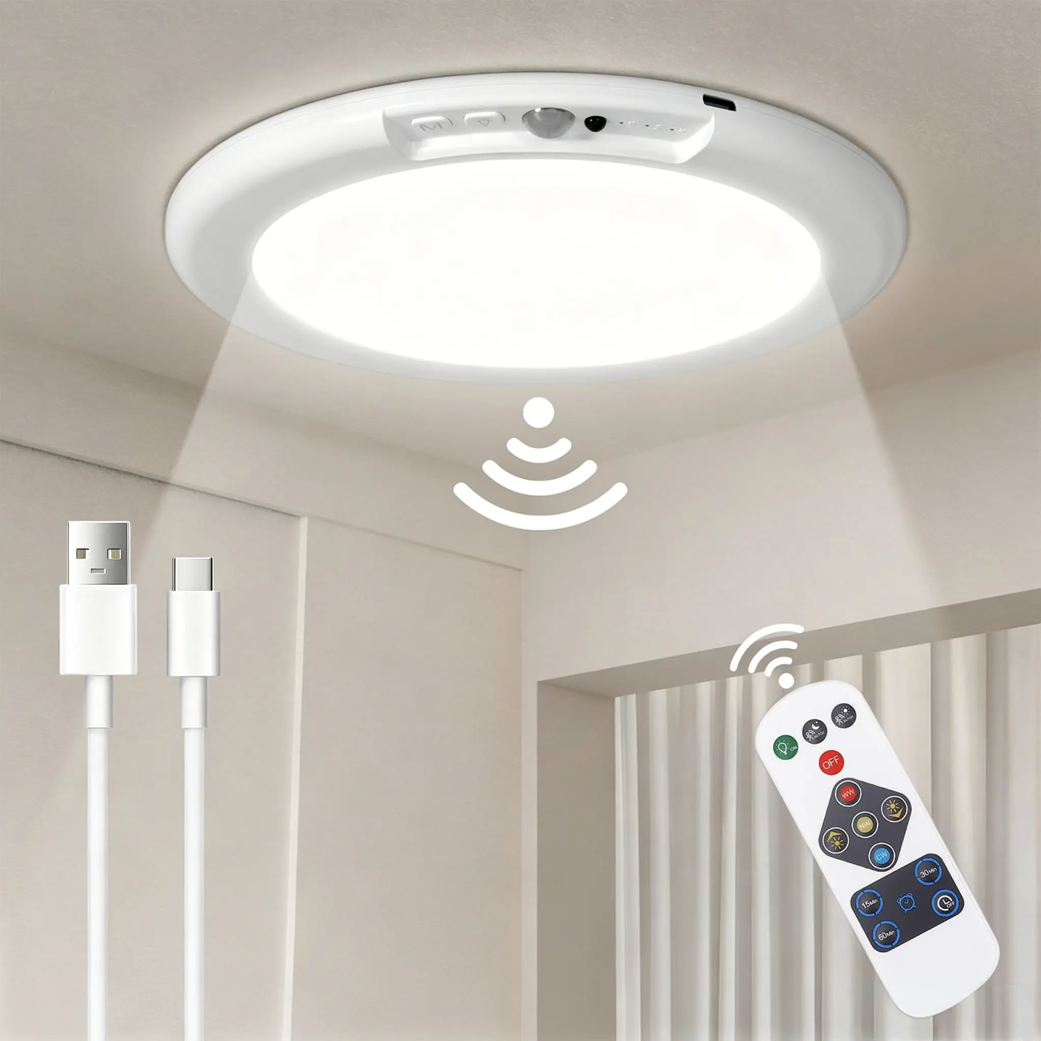 Rechargeable Motion Sensor Ceiling Light with Remote Control, Magnetic Wireless LED Closet Light, Easy Install Battery Powered Auto On/Off Lamp for Stairs, Bedroom & Home