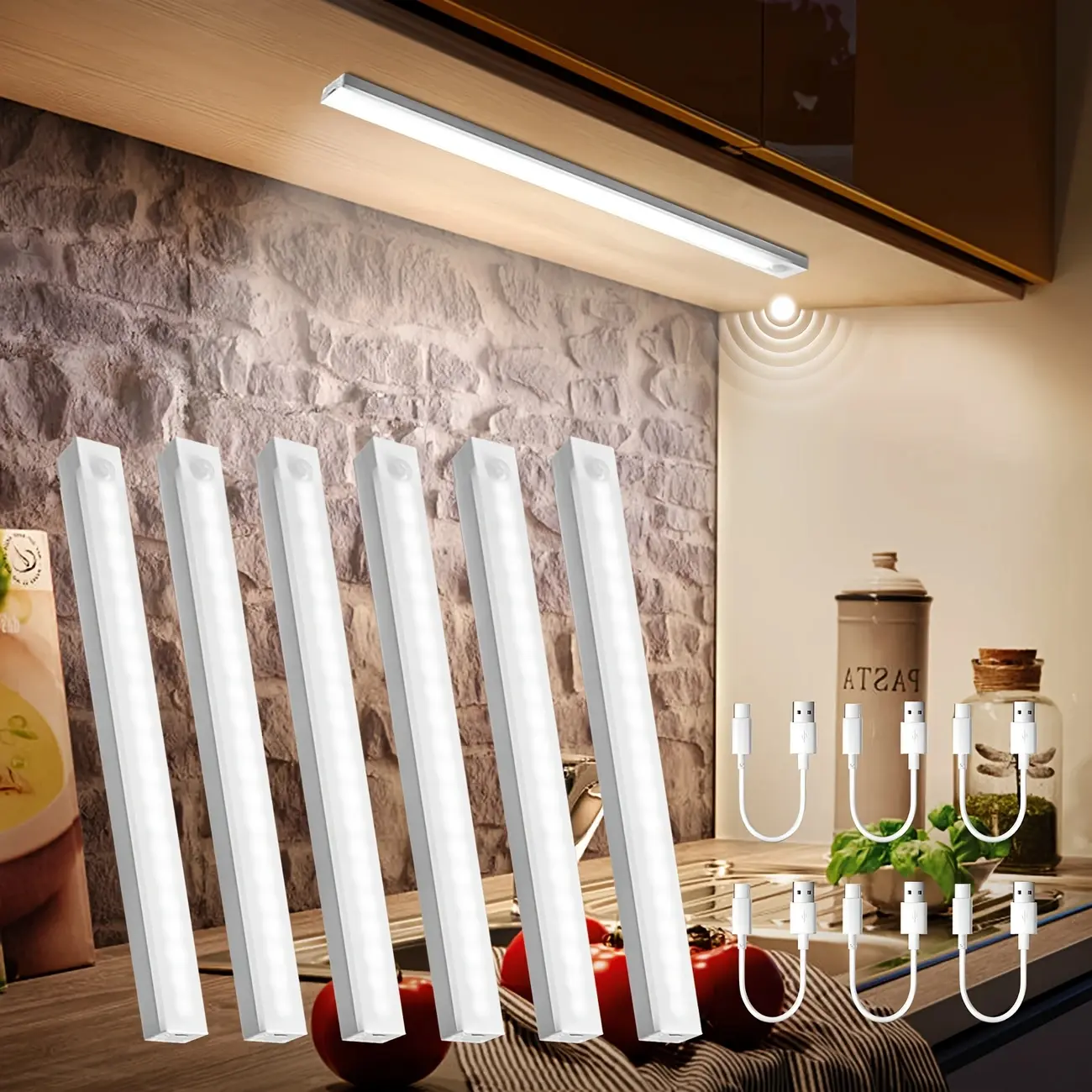 6-Pack Magnetic Under-Cabinet LED Lights, Rechargeable Human Motion-Sensor Lamps for Kitchen, Bedroom, Closet & Sink Area, Sleek Compact Under-Cabinet Downlighting with Long-Lasting Lithium Polymer Batteries, Led Interior Lights, Home Lighting