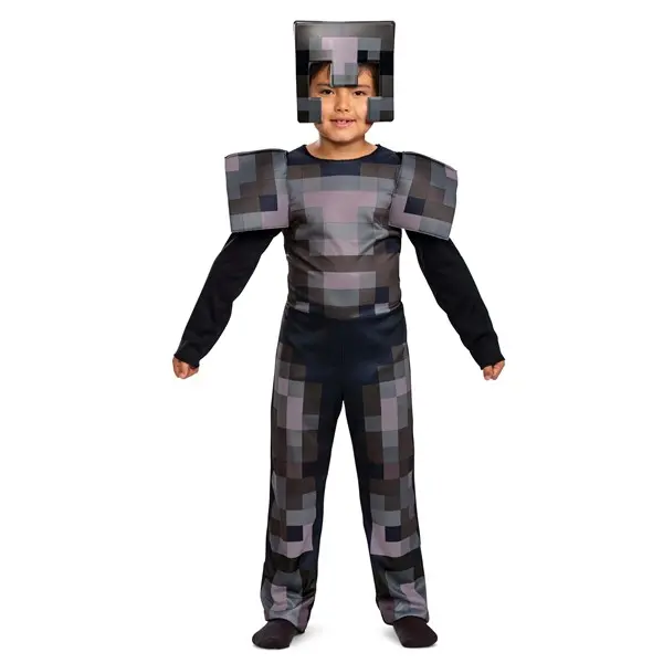 Minecraft Kid's Netherite Armor Jumpsuit - Pixelated Classic Costume, Foam Shoulder Pads, Mask Covers Upper Half
