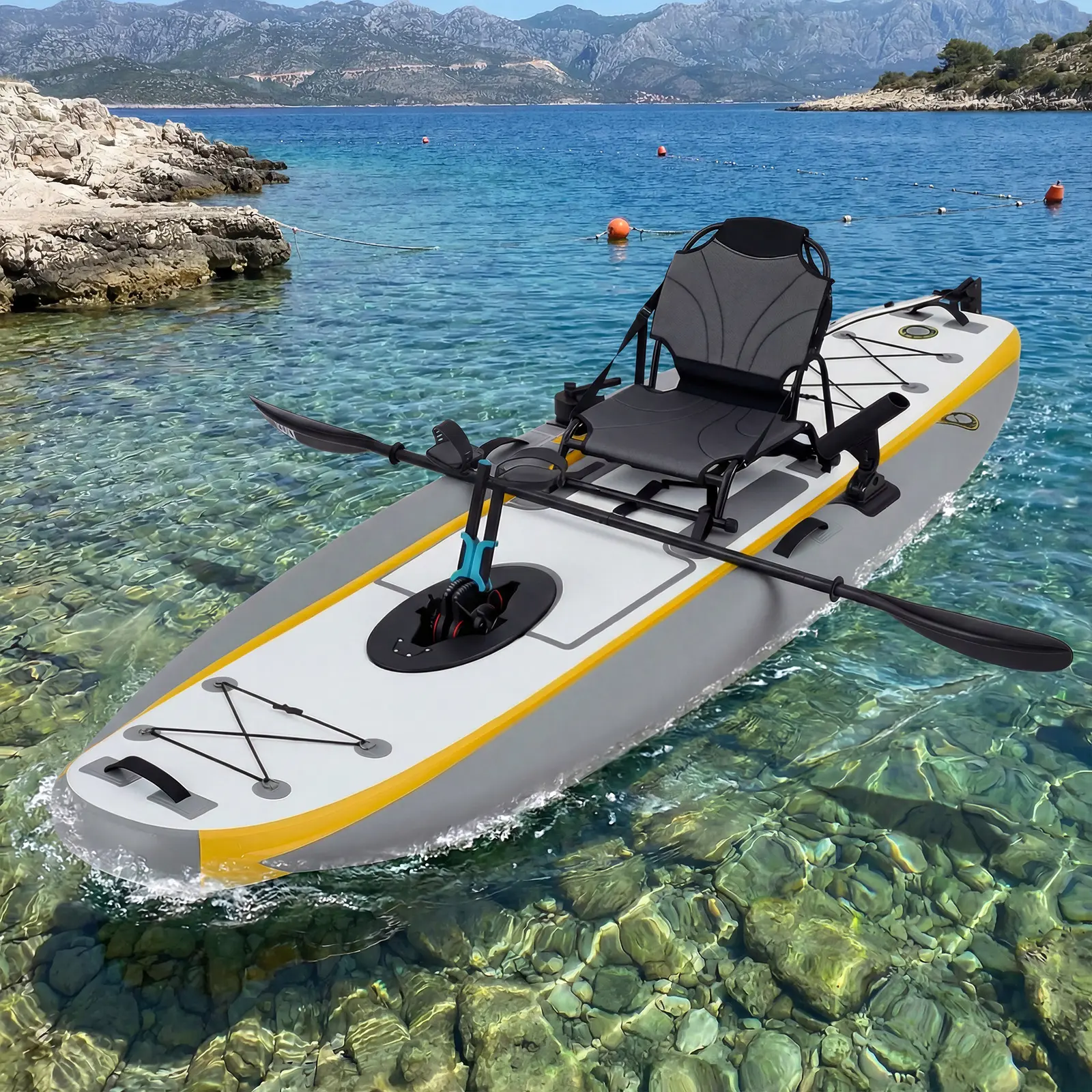 Bezliving Inflatable Kayak with Pedal System, 12ft PVC Premium Fishing Kayak, Portable & Lightweight with Aluminum Seat, Rudder System, and Accessories Included, Yellow & Grey (HIN Included)