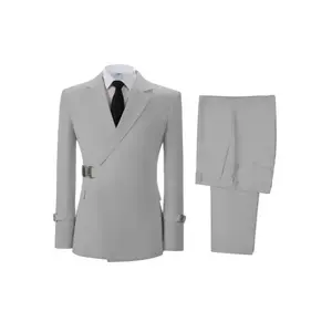 Men’s slim-fit two-piece suit set (two-button notched lapel), solid color jacket and pants, tuxedo for prom, menswear, polyester/viscose, business-casual outfit, formal beige top
