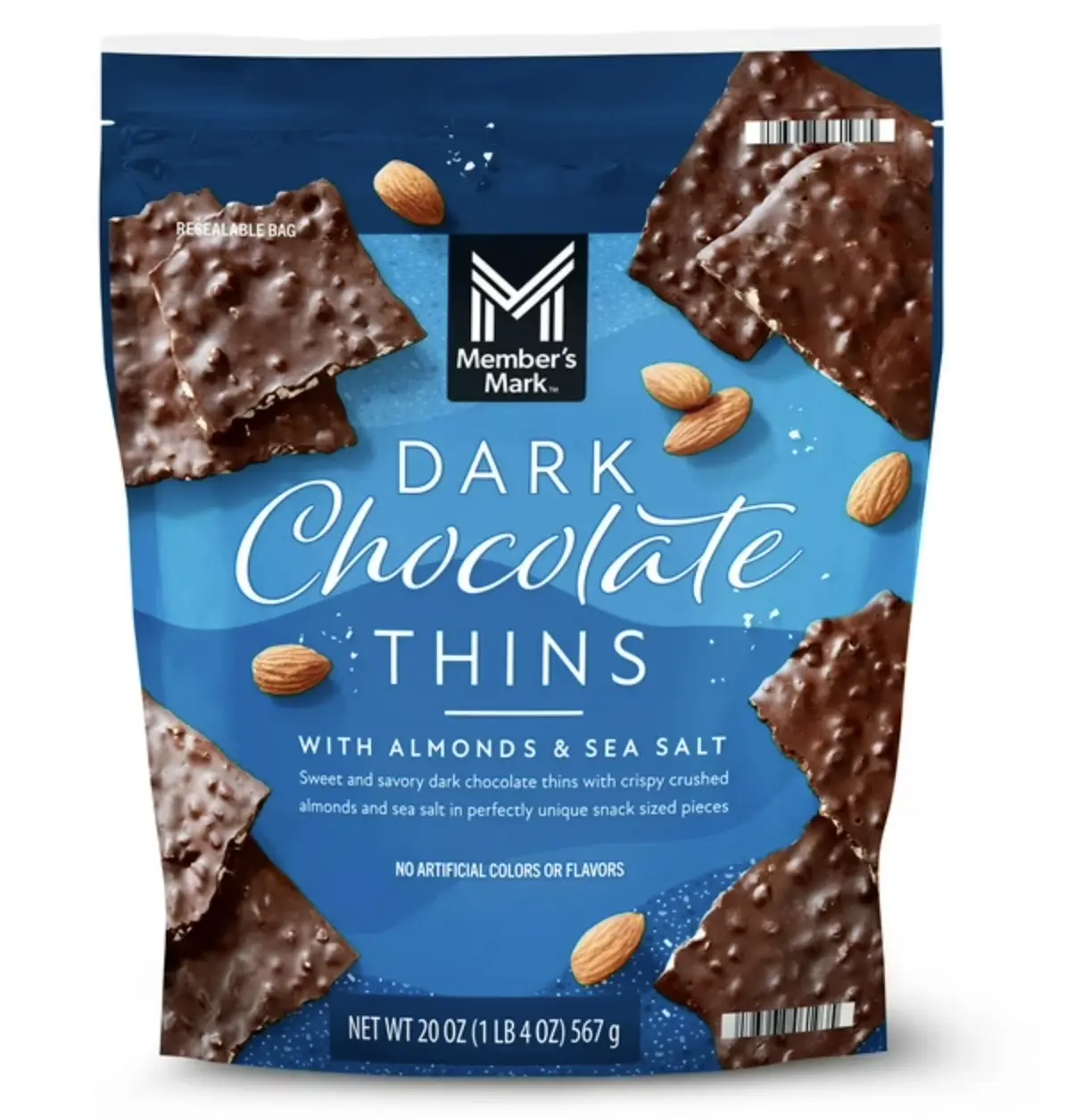 Member's Mark Crunchy Dark Chocolate Thins Snack with Almonds, Sea Salt, 20 oz.