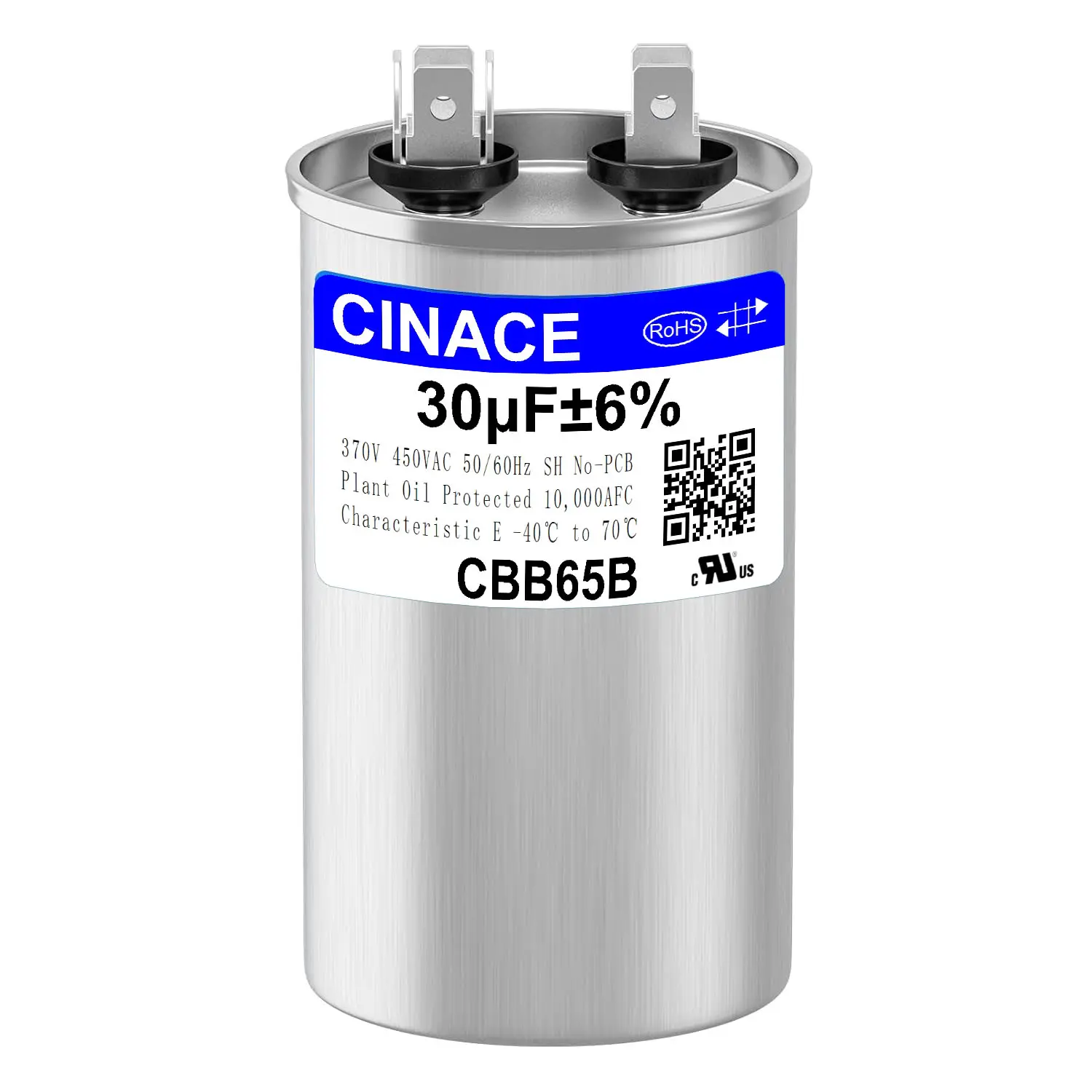 CINACE 30uF 30MFD ±6% CBB65 Dual Run Circular and Start Capacitor For Air Conditioner, AC Motor Run, Fan Start, Condenser Straight Cool, Heat Pump, Condenser Unit, HVAC, Ice Maker 370/450VAC 50/60Hz Size 100*50mm