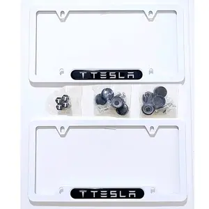 2 PK Tesla Metal License Plate Frames With 3D Epoxy Logo + 4 Black Metal Tire Valve Stem Cap Covers