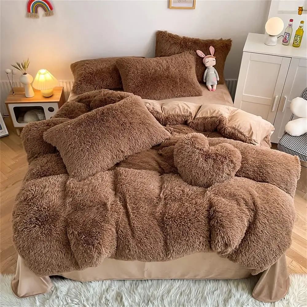 King Size Faux Fur Plush Coffee Household Bedding Set - Ultra Shaggy Flannel Velvet 3PC (Comforter x1, Pillowcases x2) Soft Bedding Sets, Cozy Chic