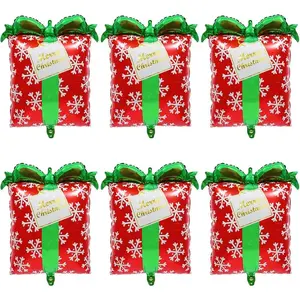 Christmas Gift Box Balloon Red Green Present Box Balloon For Merry Xmas Birthday Happy New Year Winter Holiday Photo Backdrop, 6 Pack Cube Christmas Gift Balloons With Snow Pattern Xmas Eve Decoration