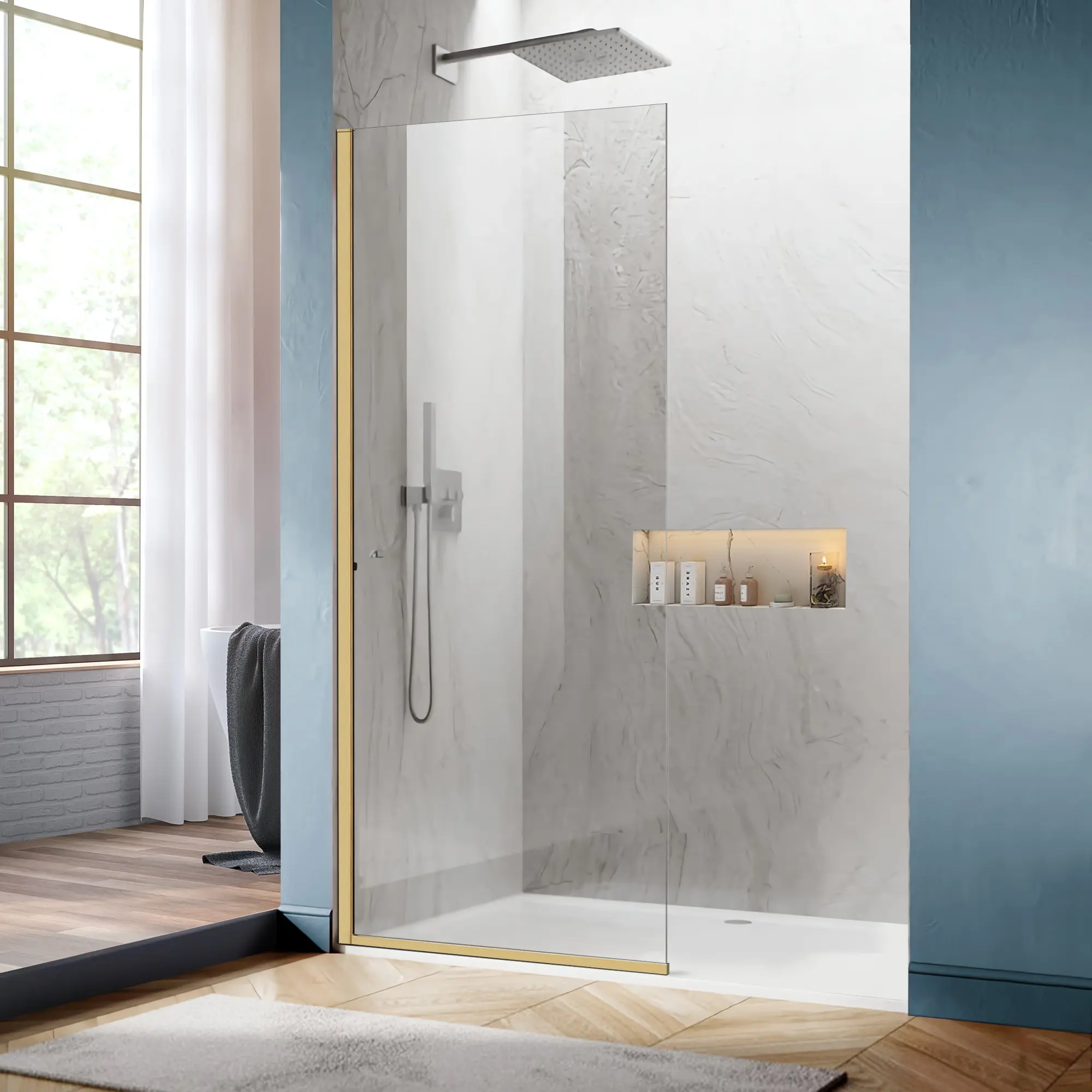 34" W x 74" H Walk-In Semi-Frameless Fixed Shower Screen with 5/16" (8 mm) Clear Tempered Glass, Wall & Floor Frame