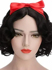 Curly Bob Wig with Bow, Disney Princess Cosplay Halloween Party Hairpiece, Short Curl Wigs Without Bangs for All Seasons