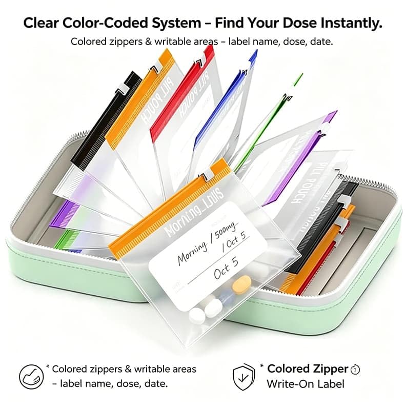 A8 Waterproof Pill Pouch Set, Large Weekly Pill Organizer with 14 Color-Coded Medicine Pouches, Reusable Travel Medicine Organizer, Zippered Pill Storage for Fish Oils, Vitamins, dealsforyou, summerwins,dorm essentials,home decor