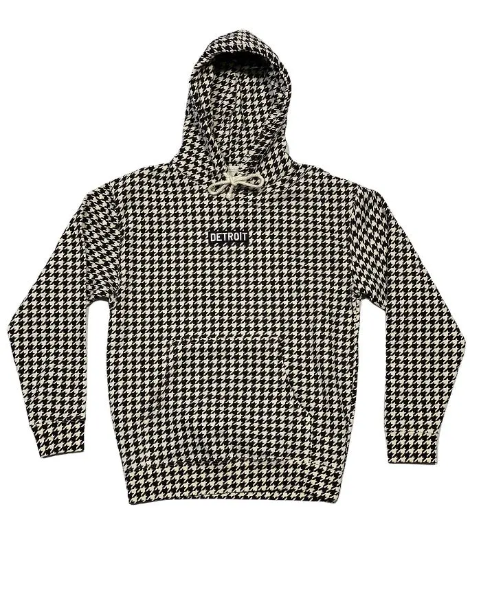 Men's Stylish Houndstooth Heavyweight Color-Contrast Pullover Hoodie - Long Sleeve Casual Relaxed Menswear Top for Motor Enthusiasts, Detroit-Inspired Clothing