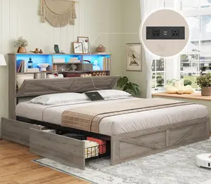 AOGLLATI Farmhouse Full Size Wooden Bed Frame - 4 Storage Drawers, Charging Station, Hidden Space Bookcase Headboard with Storage, LED Lights, Metal Slats, Gray - Mother's Day Gift for Apartments, Room Decor, Studio Setup fathersdaygiftideas