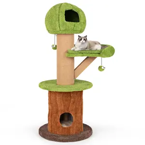 COSTWAY - Mushroom Cat Tree for Indoor Cats with 2 Cute Condos Plush Perch and Teasing Balls-Green
