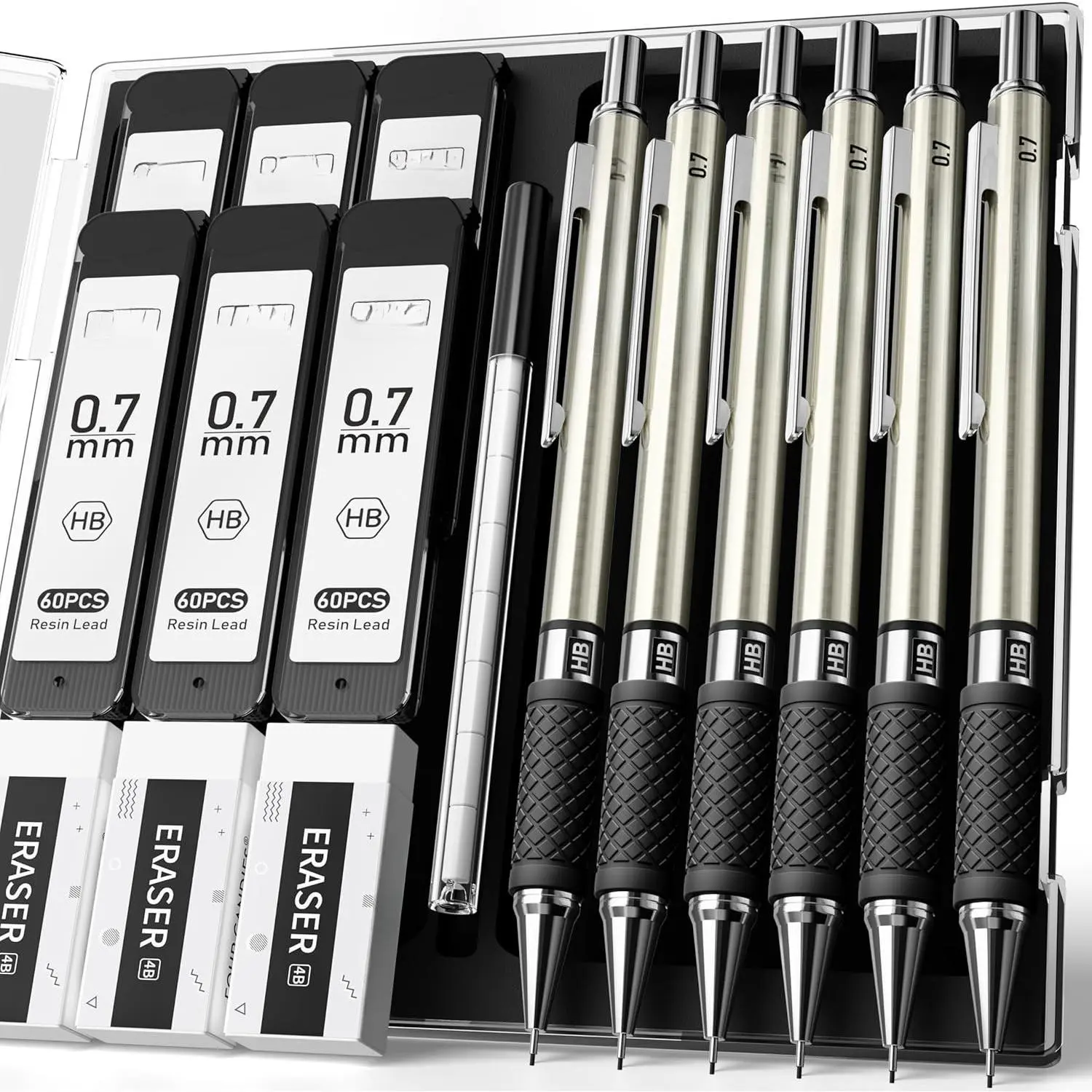 6 count Metal Mechanical Pencil Set with 0.7mm Medium Point, 360 Leads, 12 Erasers, Art Mechanical Pencils Pack with Storage Case for School Writing, Sketching, Drawing & Professional Drafting
