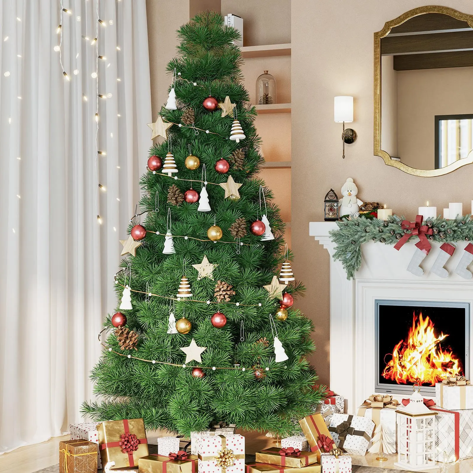 Pre-lit Green Hinged Artificial Spruce Christmas Tree with 347 Branch Tips, 120 Incandescent Lights, Foldable Base for Ornaments, Family Room Decor & Home Supplies Festive Decor, Decoration, Led Mood Light