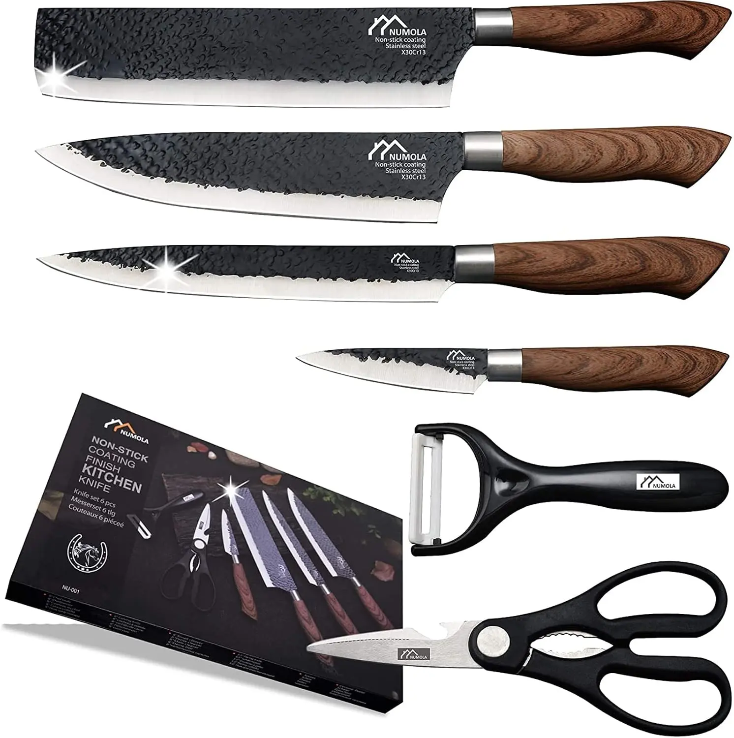 6 Pieces Black Professional Chef Knife Set with Stainless Steel Cutlery | BBQ Knife Set, Ergonomic Design Handle, Gift Box for Festival, Kitchen Essential