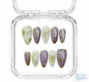 Gaku STARLIGHT SERENADE Press On Nails, 10-Piece Medium Almond Handmade Multi-Pack with Cat Eye, Gold Accent, Builder Gel