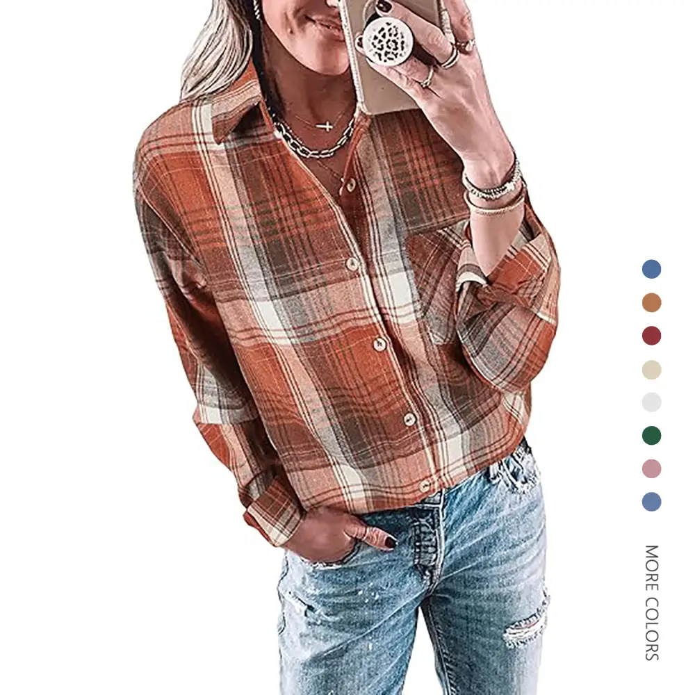 Women's Plaid Flannel Shirt - Long Sleeve Button-Down Top for Dress Casual Wear, Cotton-Polyester Blend, XXL, Checkered Print, Breathable, Long Sleeve Shirt, Flannel Blouse, Collared Neck, Plaid Pattern