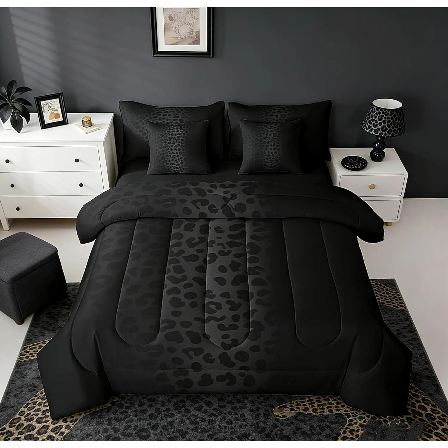 Black Leopard Bedding Set 7 Pieces Bed in a Bag,Cheetah Bedding Set with Sheets All Season,Animal Print Bed Sets with Comforter,Fitted Sheets,Flat Sheets,Pillow Shams and Pillowcases