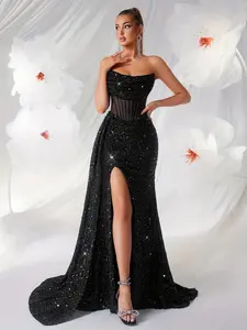 CF Sequin strapless sheer waist-cinching long dress with a slit, exuding a cold and sexy style. The fitted design highlights presence, suitable for banquets, galas, red carpet looks, high-end parties, and other occasions. Elegant Bodycon Formal Minimalist