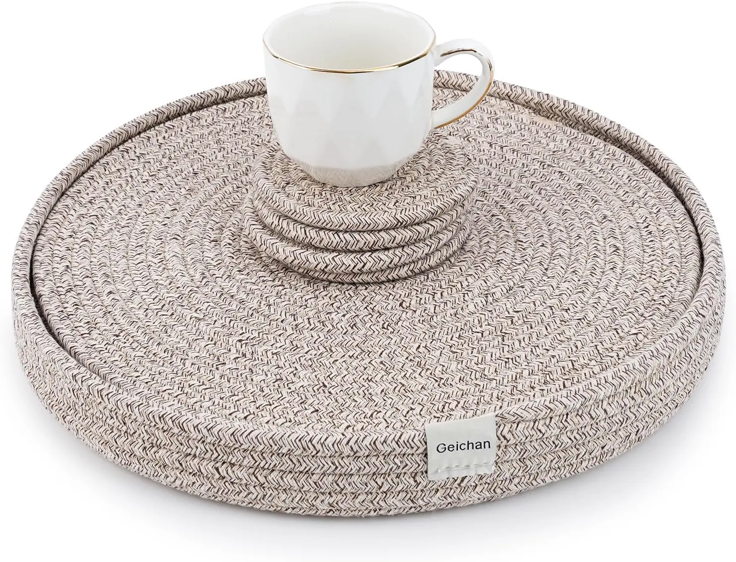 13-Inch Cotton Rope Woven Round Placemats Set of 9 with Holder, Non-Slip Heat-Resistant Tableware Dining Table Mats, Farmhouse Handmade Boho Casual Placemats & Coasters, Washable Hot Pads for Kitchen