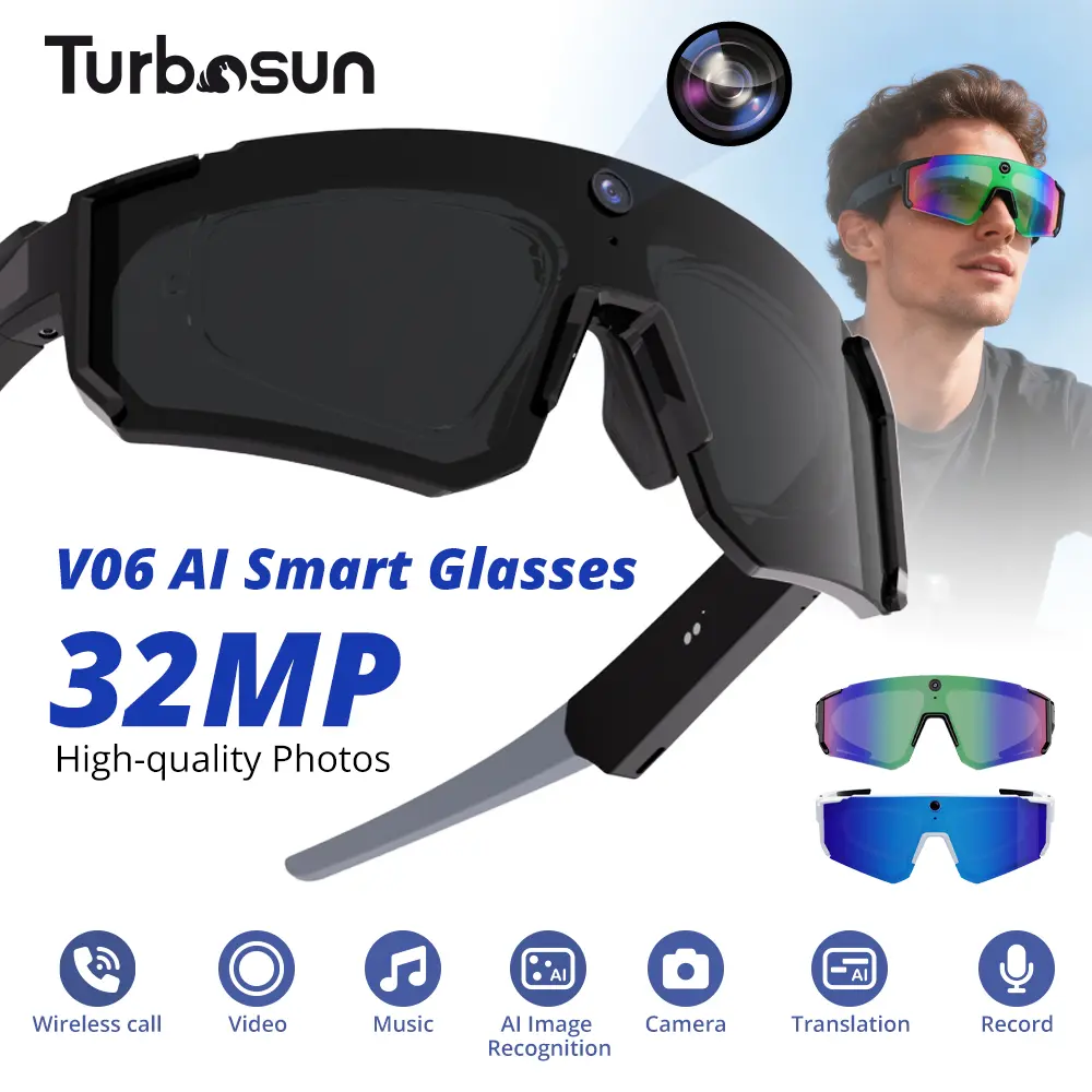 Turbosun Smart Glasses AI Cycling Camera Glasses Wearable 8MP Camera Hands-Free Photo/Video Recording Suitable for Travel Outdoor Wireless UV Protection Language Translation Sync Phone iOS
