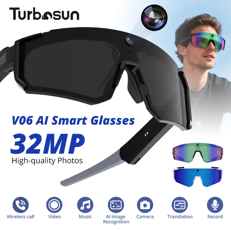 Turbosun Unisex AI Smart Glasses - Wearable Tech Glasses with 8MP Camera, Hands-Free Photo/Video Recording, Wireless UV Protection, 160+ Languages Translation, AI Image Recognition, Phone Call Sync, for Cycling, Hiking, Cool Tech Gadgets