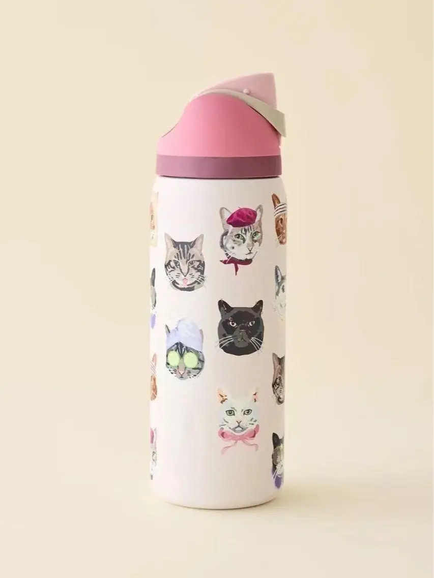 [2026 NEW] FreeSip 32oz Cute Cat Print Vacuum Insulated Stainless Steel Water Bottle - Leak-Proof Straw Lid Drinkware for Cat Lovers, School Use