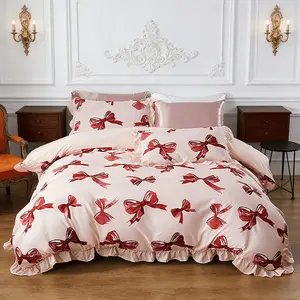 Cute Bowknot Bedding Set, Includes Fitted Sheet and Two Pillowcases, Polyester Fabric, Suitable for All Seasons, One Size