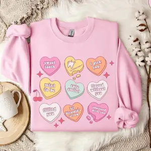 Retro Valentine Dental Hygienist Sweatshirt, Cute Hearts Dental Assistant Crewneck, Dentist & Orthodontist Gift