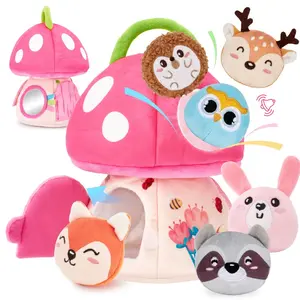 My First Mushroom House with Jungle Stuffed Animals, Rattle Crinkle Paper Mirror, Montessori Sensory Developmental Toys, Ideal Gift for 6-12 Months & 1 Year Old Toddlers