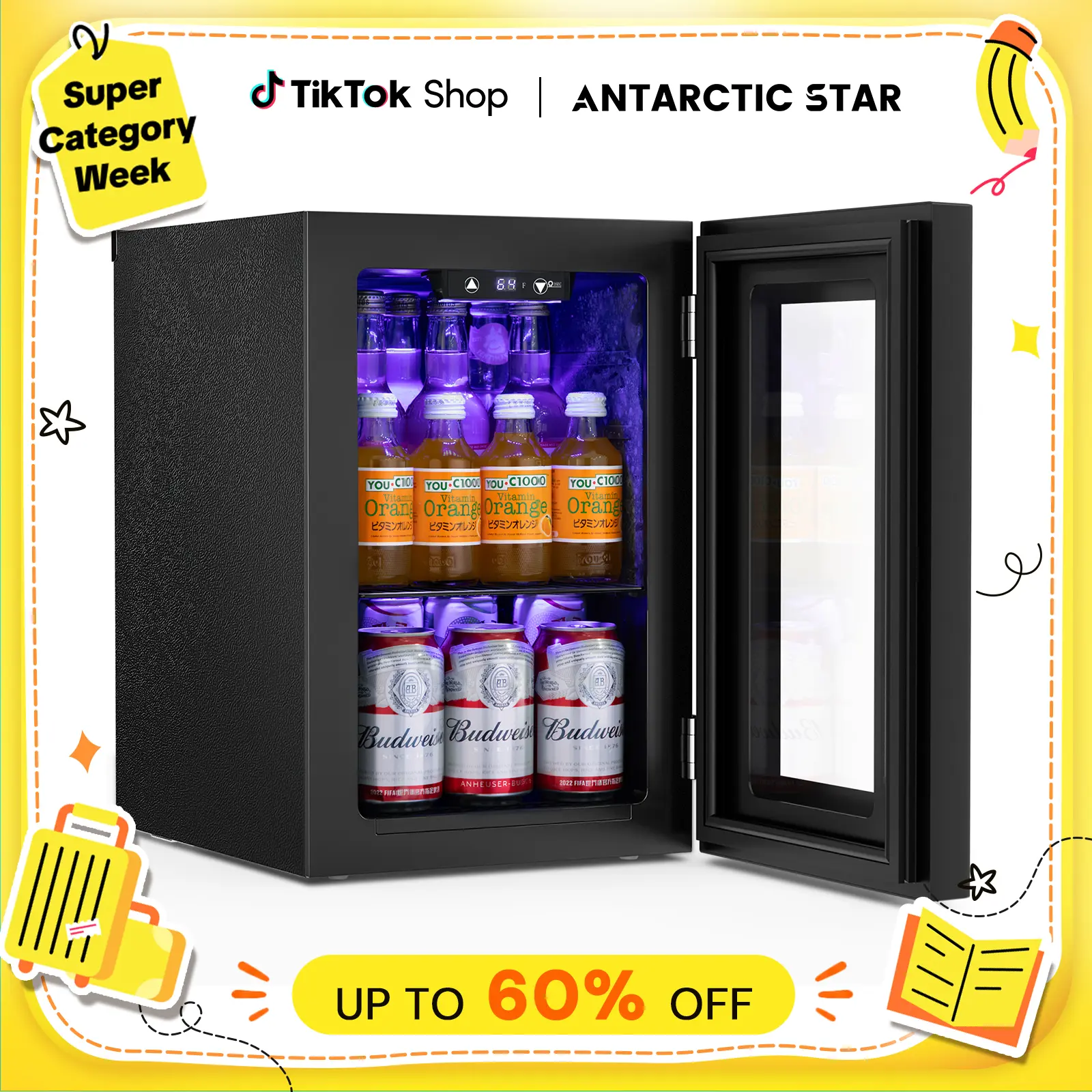 Antarctic Star 0.6Cu. Ft. Freestanding Wine Cellar,  mini  fridge,4-Bottle Red Wine with 6-Can Beer Refrigerator, Quiet Compressor, LED Light and Display, 40-61 ℉, Black