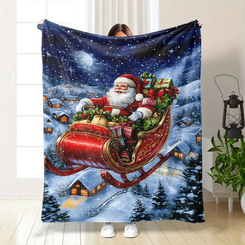 Santa Sleigh Christmas Blanket, Soft Flannel Throw Blanket with Santa Claus Flying Sleigh Snow Village Print, Cozy Holiday Gift for Kids Women Men Family, Christmas Home Decor for Bed Couch Sofa, Lightweight Warm Throw