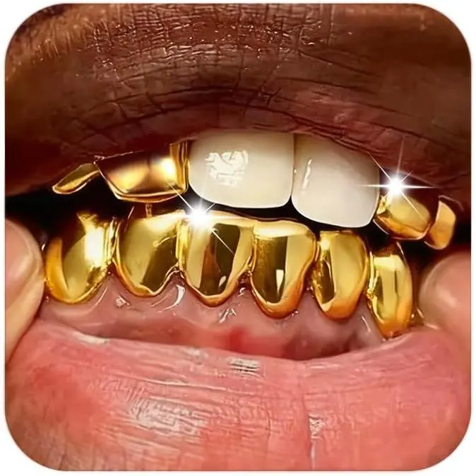 Longita 1 Set Gold Teeth Grillz for Women Grills for Your Teeth Men Gold Tooth Cap Grillz for Women Golden Tooth Jewelry Mouth Grills Men Hip Hop Rapper Outfits Custom Accessory Halloween Party