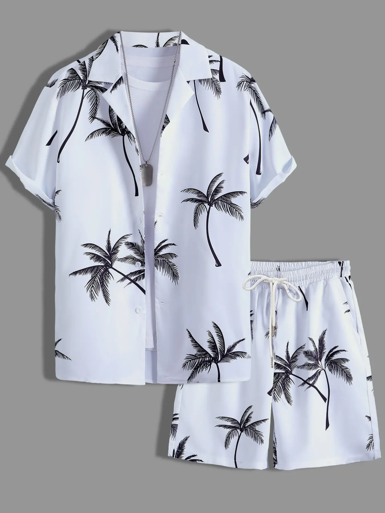 Men's White & Black Tropical Palm Tree Print Loungewear Set, Pajama Set, Pjs, Lounge Sets - Short-Sleeve Button-Up Shirt (Rolled Cuffs) + Drawstring Shorts, Ultra-Soft Smooth Fabric, Relaxed Oversized Fit, Perfect for At-Home Lounging, Pyjamas